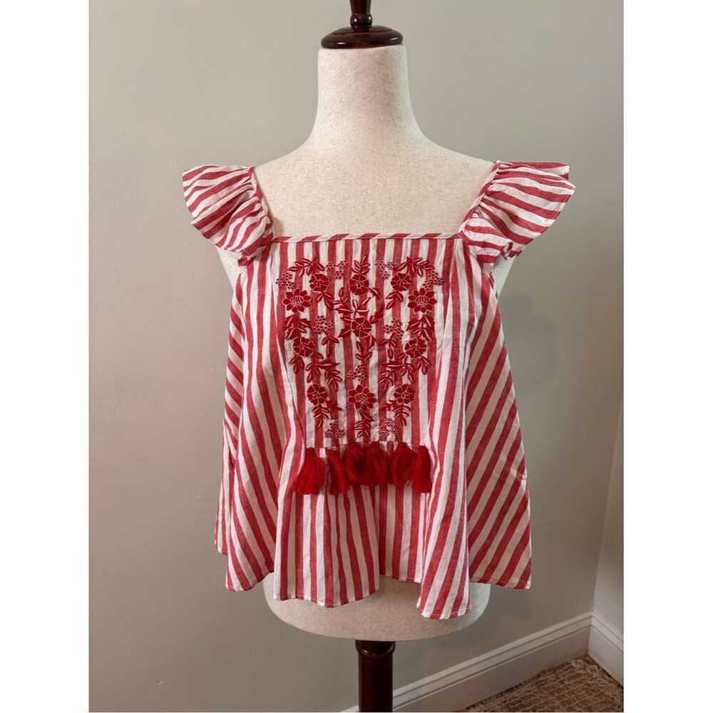 Zara TRF Boho Striped Embroidered Tassel Top Red White Ruffle Sleeve Blouse S